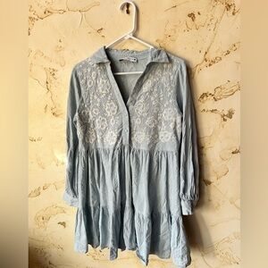 💙 ZARA Baby Blue Embroidered Ruffle Hem Mini Dress | Size Small | Boho 💙